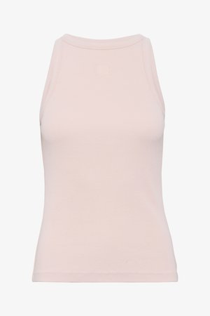 Heled roosa ribidega tank ülikond kõrge kaelusega ja ilma varrukateta. Diskreetne logo rinnal. Sile tekstuur, istuv design.