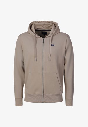 Beige värinen vetoketjullinen huppari, jossa etutaskut, kiristysnyörillä varustettu huppu, resorit hihansuissa ja helmassa sekä vasemman rinnan kohdalla pieni tummansininen kirjailtu logo.