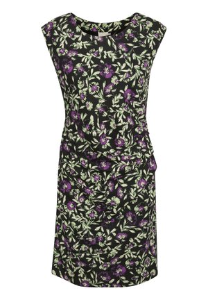 Robe noire sans manches avec motif de feuilles vertes et fleurs violettes, détail froncé à la taille, longueur au genou, encolure ronde.