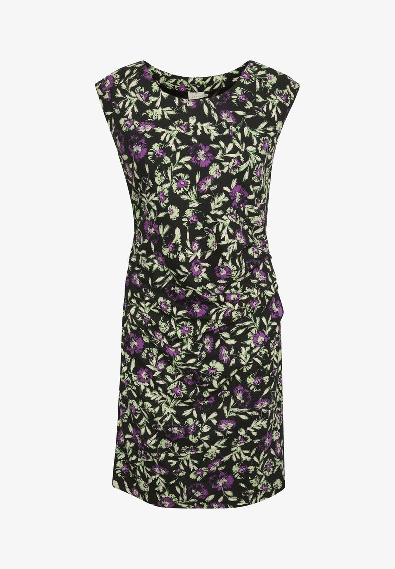 Robe noire sans manches avec motif de feuilles vertes et fleurs violettes, détail froncé à la taille, longueur au genou, encolure ronde.