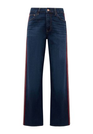 Wide-leg jeans in dark blue denim, featuring red and white side stripes, five pockets, and a button closure. Smooth texture and straight fit.