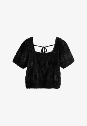 Sort croppet smock-top med puffede ærmer og firkantet halsudskæring, bundet med en tynd sløjfe bagpå.