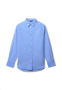 Hellblaues Langarmhemd aus glattem Stoff. Mit einem Button-Down-Kragen und einer Knopfleiste vorne, sowie mit Knopfmanschetten und abgerundetem Saum.