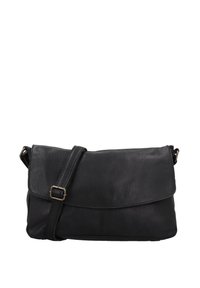 Black leather crossbody bag with a flap closure, adjustable strap, soft texture, and minimalistic design. Features subtle stitching details.