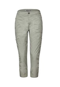 Jasnozielone, krótkie spodnie z przodu i po bokach kieszeniami, z zapięciem na guzik i szlufkami na pasek, wykonane z lekkiego materiału.