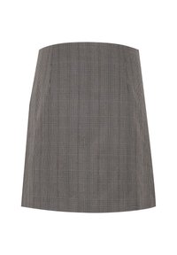 Šedá kostkovaná mini sukně s přiléhavým střihem, strukturovaným tvarem a hladkým povrchem, s jemnými liniemi a decentním kostkovaným vzorem.