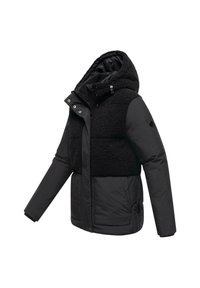 Black puffer jacket with a soft, textured fleece upper section, zip closure, and adjustable hood. Features smooth sleeves and discreet pockets.