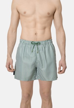 Torso masculino con pantalones cortos de baño verdes y blancos con rayas verticales, cordón verde y etiqueta lateral.