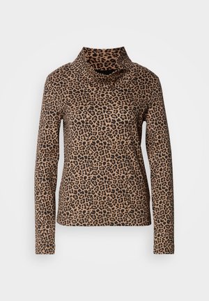 Leopard print long-sleeve top in brown and black, featuring a mock neck and fitted design. Made from soft, stretchy fabric.