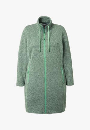 Długa zielona bluza polarowa na zamek błyskawiczny z wysokim kołnierzem, kapturem ze ściągaczem oraz kieszeniami bocznymi na zamek, wykonana z teksturowanej tkaniny.