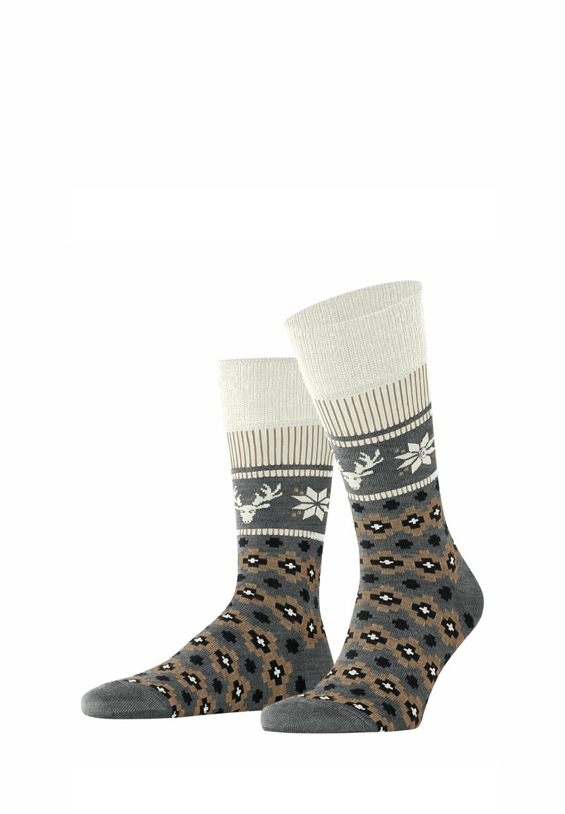 Calze a maglia con un polsino a coste color beige, corpo grigio e un design decorato con fiocchi di neve e renne in toni smorzati di marrone e nero.