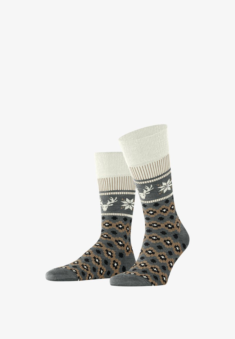 Calze a maglia con un polsino a coste color beige, corpo grigio e un design decorato con fiocchi di neve e renne in toni smorzati di marrone e nero.