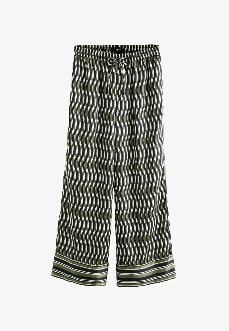 Pantalons larges à motifs verts avec un design ondulé, une taille élastique avec cordon de serrage, et un ourlet rayé en bas.