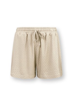 Beige Shorts mit einem strukturierten Blattmuster, ausgestattet mit einem elastischen Bund und verstellbarem Kordelzug. Leichtes, lässiges Design.