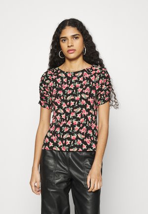 PRINT RUCHED SLEEVE TEE - Print T-shirt - black