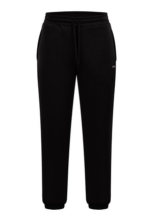 Pantalones jogger negros con cintura elástica y cordón, con bolsillos laterales y puños elásticos en los tobillos.