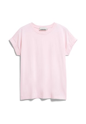 Hellrosa T-Shirt mit kurzen Ärmeln, aufgerollten Bündchen, rundem Ausschnitt und kleinem, gesticktem Logo auf der Brust.