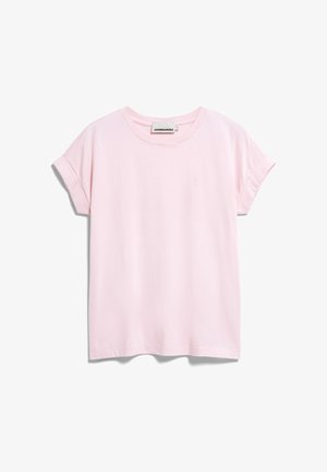 Hellrosa T-Shirt mit kurzen Ärmeln, aufgerollten Bündchen, rundem Ausschnitt und kleinem, gesticktem Logo auf der Brust.