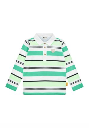 Green and white long-sleeve polo shirt with horizontal stripes, featuring a bear emblem on the chest and three buttons at the collar.