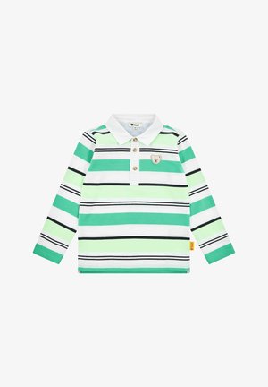 Groene en witte langslavige polo met horizontale strepen, voorzien van een beerembleem op de borst en drie knopen bij de kraag.