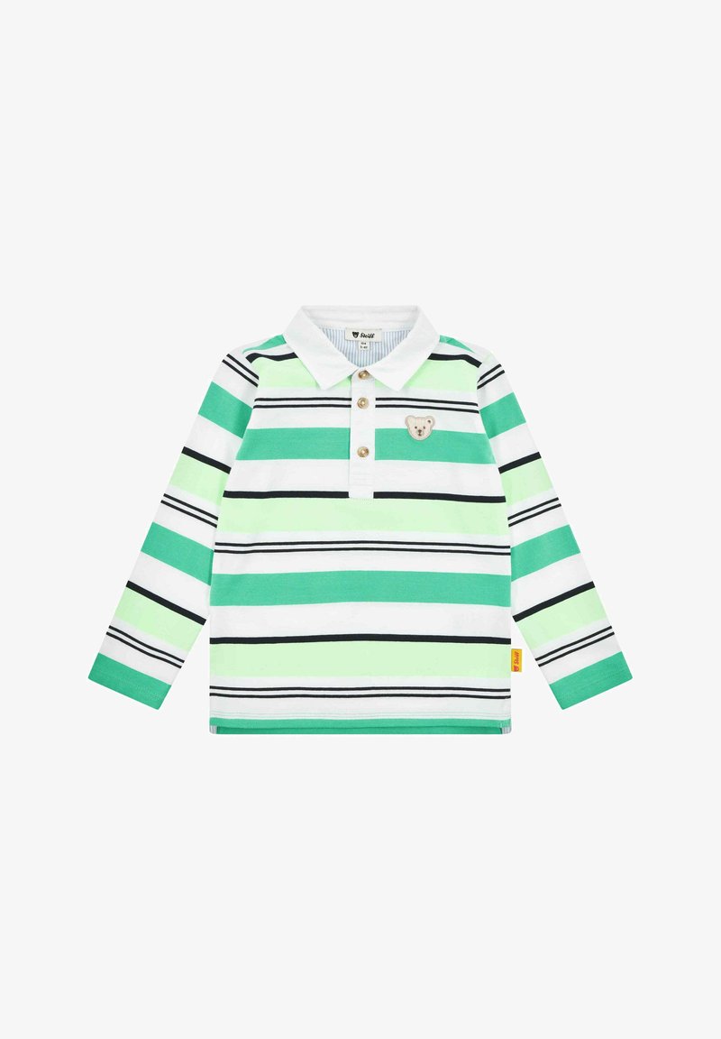 Groene en witte langslavige polo met horizontale strepen, voorzien van een beerembleem op de borst en drie knopen bij de kraag.