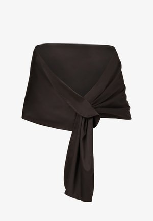 Ciemnobrązowy satynowy szal z zawiązaniem na przodzie, gładką strukturą oraz zwiewnym układzie kończącym się dłuższym wiązaniem.