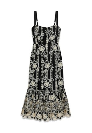 Robe midi noire avec motif en dentelle florale blanche, fines bretelles réglables, corsage ajusté et ourlet à volants.
