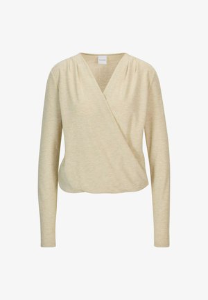 Langärmliges Wickeloberteil in hellem Beige, aus weichem Stoff mit V-Ausschnitt und Raffung an den Schultern, das eine taillierte Silhouette schafft.