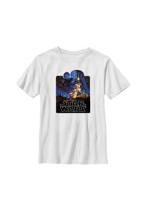Hvid t-shirt med klassisk Star Wars-plakat med Darth Vaders hjelm, Luke Skywalker og Prinsesse Leia samt Star Wars-logoet.