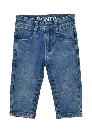 Blue denim toddler jeans with front pockets, belt loops, button closure, and a faded texture.