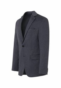 Dunkelgrauer Blazer aus strukturiertem Stoff, mit einem Knopfverschluss, Reverskragen, seitlichen Taschen und einer Brusttasche mit glatter Fütterung.