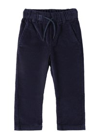 Pantalones de pana azul marino con cintura elástica y cordón, que cuentan con dos bolsillos laterales y textura acanalada vertical.