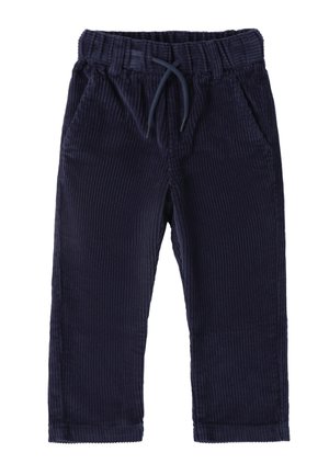 Pantaloni in velluto a coste di colore navy con vita elastica e cordino, dotati di due tasche laterali e texture a coste verticali.