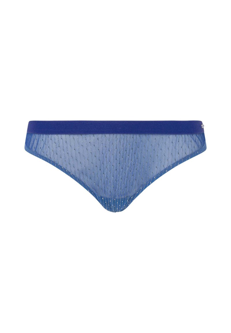 Blaue Netz-Bikinihose mit einem einfarbigen blauen Taillenbund, ausgestattet mit einem strukturierten Muster und einem nahtlosen Design. Leichter und transparenter Stoff.
