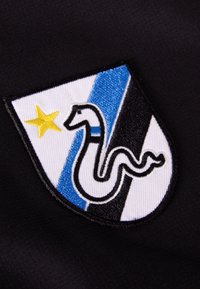 Geborduurd schildlogo met een zwarte slang, een gele ster en blauwe en zwarte strepen op een witte achtergrond. Geplaatst op een zwarte stof.