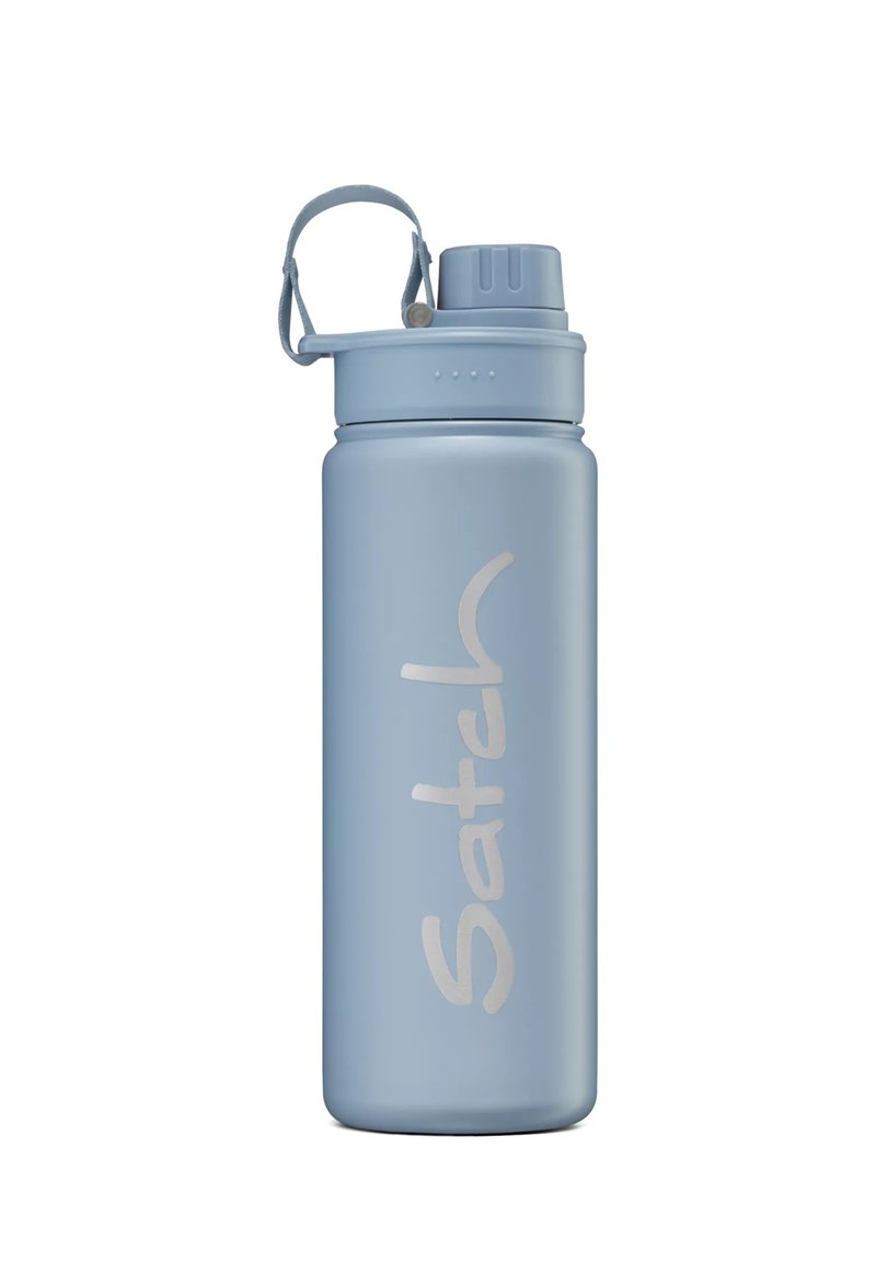 Blue stainless steel water bottle with a screw-on lid, carrying handle, and a prominent white logo. Smooth, matte finish.