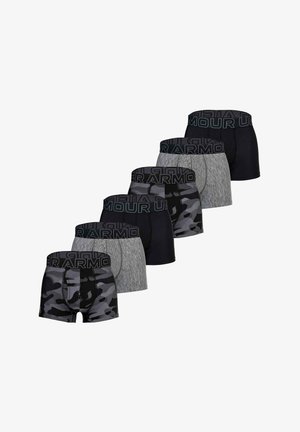 Sechs Paare Boxershorts in verschiedenen Schwarz-, Grau- und Camouflage-Schattierungen; elastischer Bund mit "Under Armour"-Logo; Passform bis zum Oberschenkel.