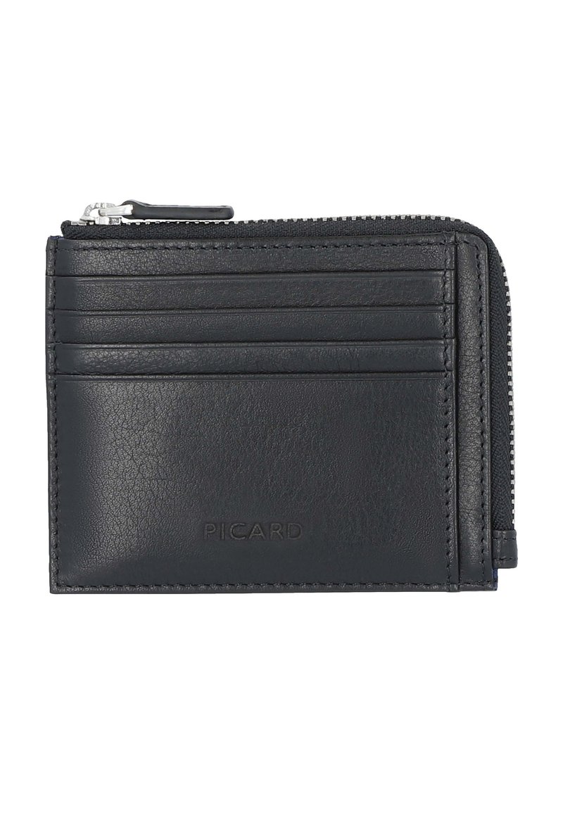 Schwarzer Leder-Kartenhalter mit vier Kartenfächern, einem Reißverschluss-Münzfach und dem geprägten "PICARD"-Logo auf der Vorderseite.