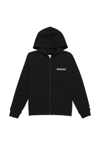 Čierna mikina s kapucňou na zips, so prednými vreckami a bielym textom "DCSHOECO" na ľavej hrudi, vystavená na bielom pozadí.