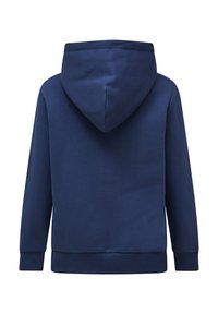 Felpa blu navy con cappuccio ampio, polsini e bordo a costine. Texture liscia con un design semplice e uniforme, senza motivi o dettagli visibili.