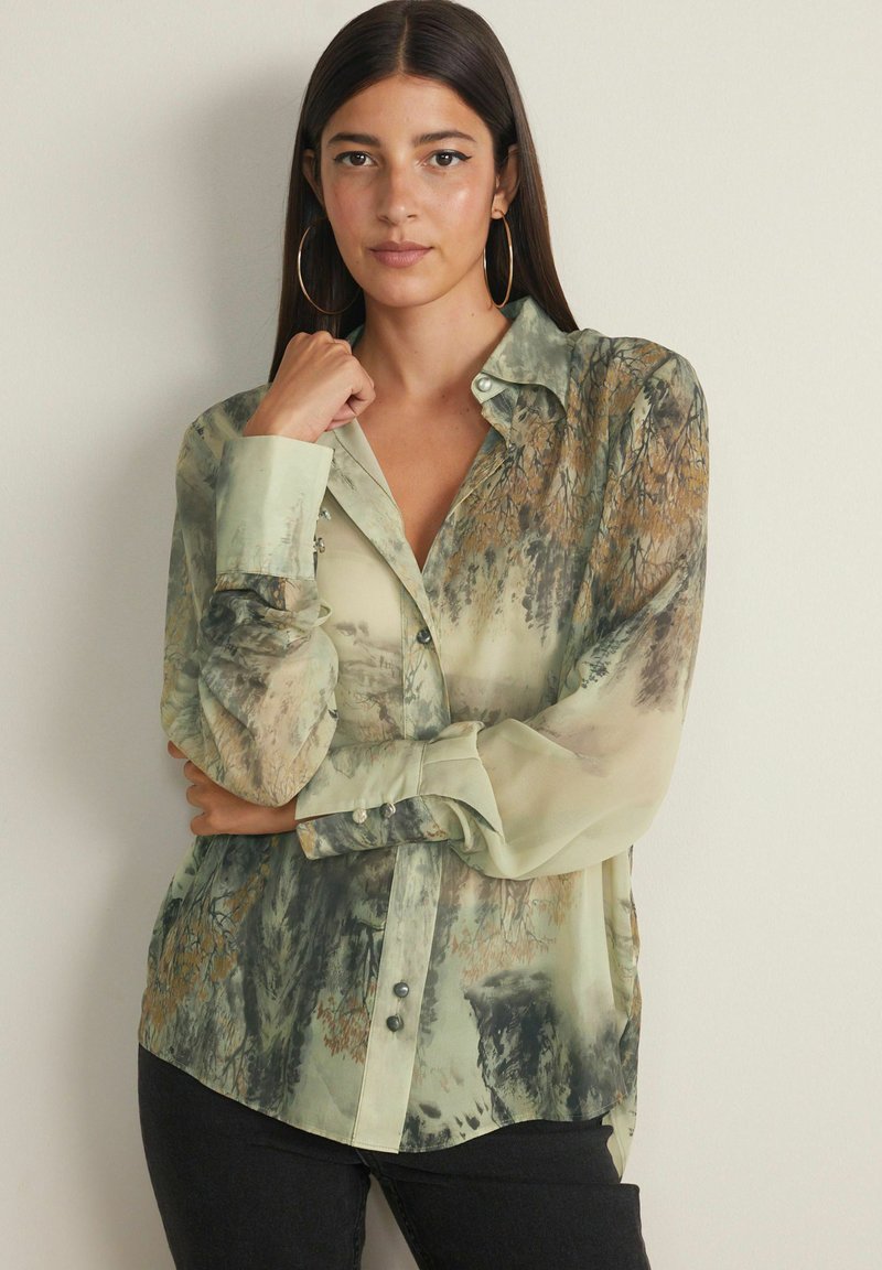 Next - LONG SLEEVE SHEER - Skjorta - neutral abstract print, Förstora