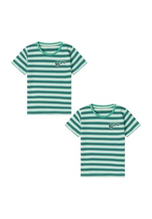 Zwei Kurzarm-T-Shirts mit horizontalen grünen und weißen Streifen, versehen mit einem runden Logo auf der Brust. Aus weichem Baumwollmaterial.