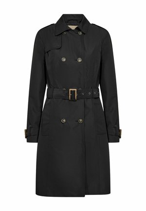 Zwarte trenchcoat tot op de knie met dubbele rij knopen, een tailleceintuur, schouderepauletten en manchetlussen op een witte achtergrond.