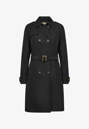 Black knee-length trench coat with double-breasted buttons, belted waist, shoulder epaulets, and cuff straps on a white background.