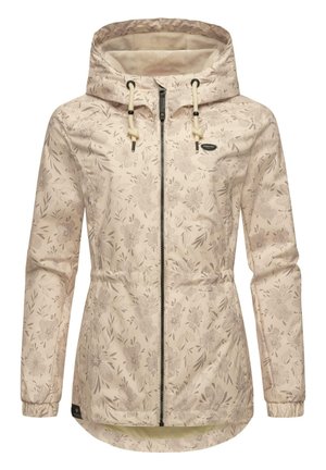 Veste beige légère avec motif floral, capuche ajustable, taille avec cordon de serrage, fermeture éclair à l'avant et poignets élastiques pour un ajustement confortable.