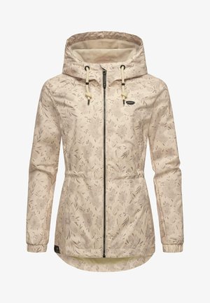 Kevyt beige takki, jossa on kukkakuosi, säädettävä huppu, kiristettävä vyötärö, vetoketjukiinnitys ja elastiset hihansuut tiiviiseen istuvuuteen.
