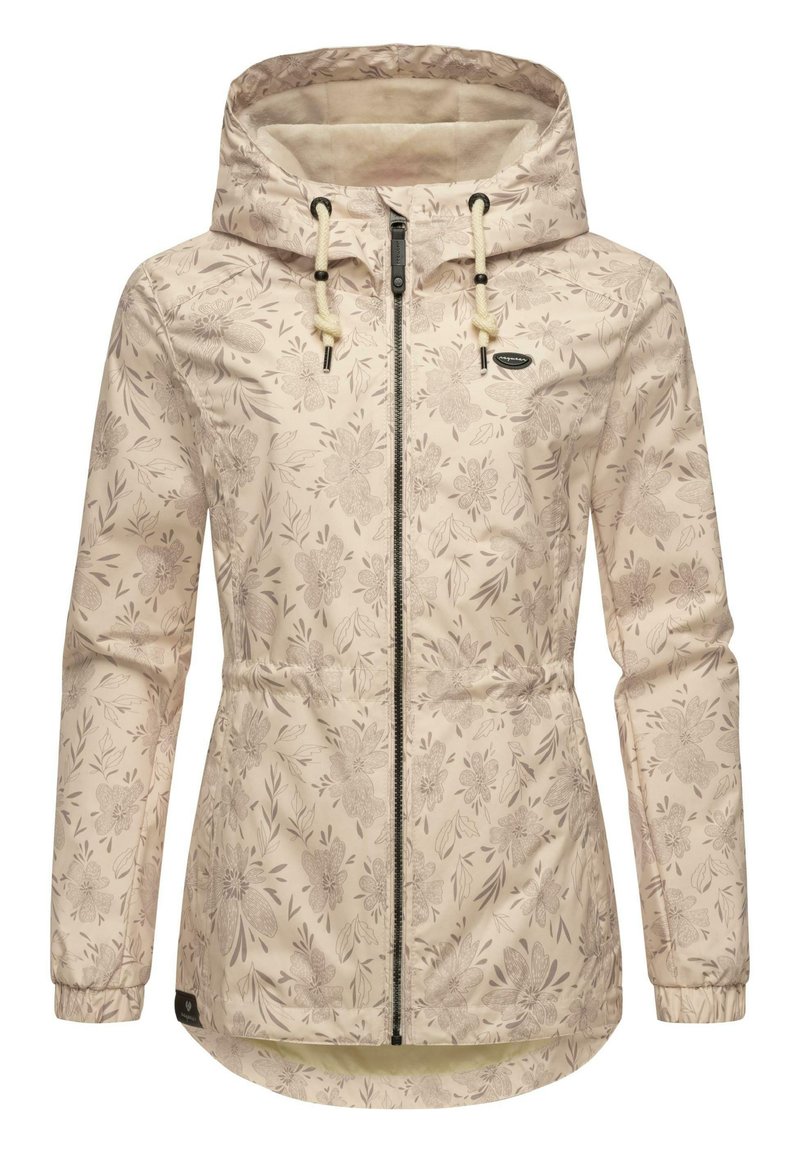 Lightweight beige jacket with floral pattern, adjustable hood, drawstring waist, zip front, and elastic cuffs for a snug fit.