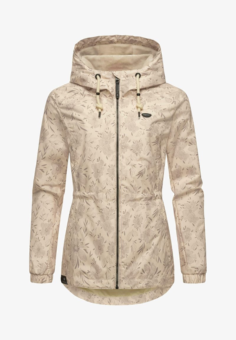 Lahki bež jakna z cvetličnim vzorcem, nastavljiva kapuca, pas z vrvico, sprednji zadrge in elastični manšeti za udobno prileganje.