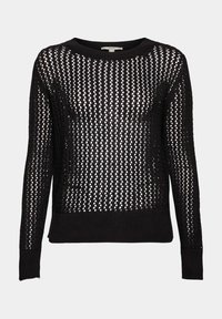 Pull en tricot noir avec un design à tissage ouvert, col rond et poignets et ourlet côtelés. Apparence légère et texturée.