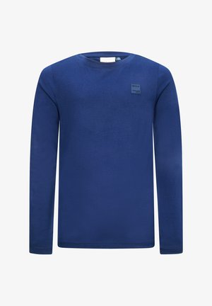 Langärmelig shirt in diepblauwe stof, met een ronde halslijn en een klein rechthoekig logo-opborduring op de linkerborst. Soepele textuur.